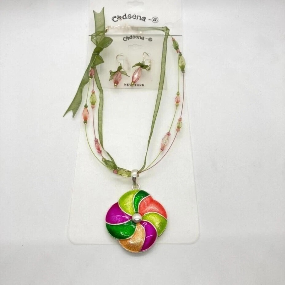 Codeena New York Colorful Enamel Pinwheel Pendant Necklace & Dangle Earrings Set